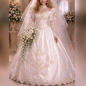 Alfred Angelo Vintage 80s 90s White Satin Cathedral Train Wedding Dress sz 12